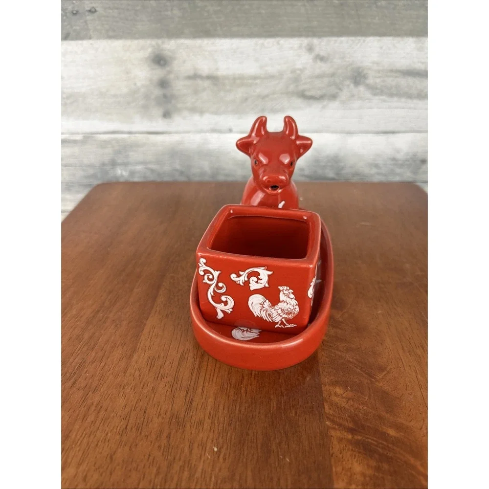 Red/White Rooster Ceramic Creamer & Sugar Set w/ Lid & Tray, Glossy